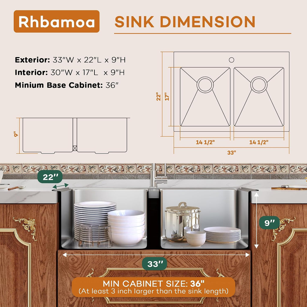 Rhbamoa Double Bowl Drop In Kitchen Sink 33x22,16-Gauge T304 Stainless Steel Topmount Kitchen Sink,50/50 Double Bowl Kitchen Sinks,Deep Sinks with All Accessories, Brushed Finish