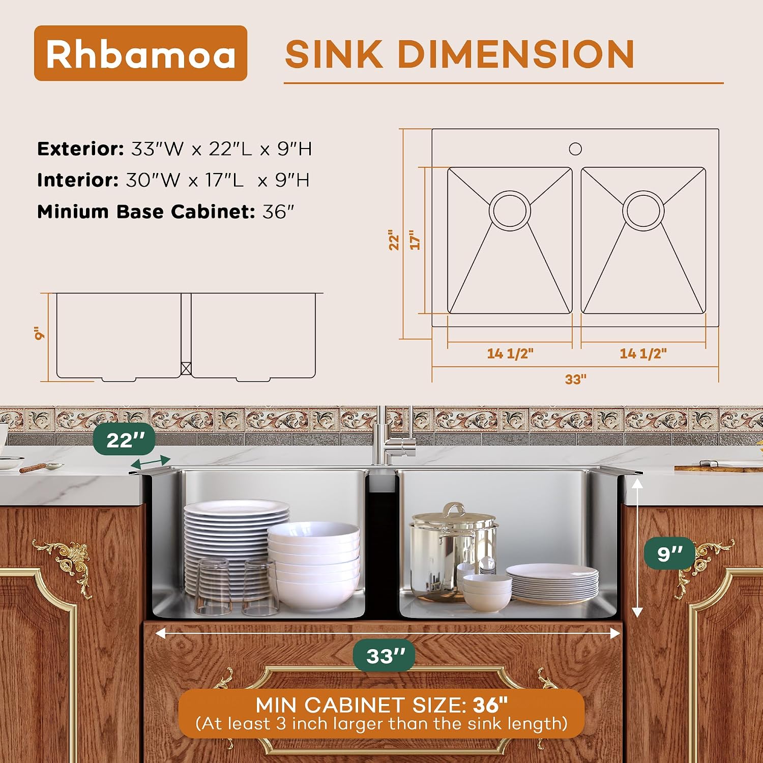 Rhbamoa Double Bowl Drop In Kitchen Sink 33x22,16-Gauge T304 Stainless Steel Topmount Kitchen Sink,50/50 Double Bowl Kitchen Sinks,Deep Sinks with All Accessories, Brushed Finish