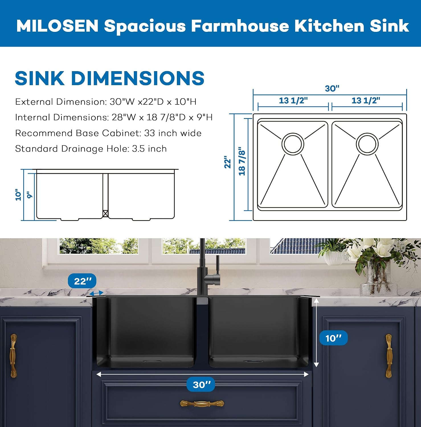 MILOSEN 30 Inch Black Farmhouse Kitchen Sink, 30''x22'' Drop in Black Stainless Steel Workstation Apron Front Sink with Ledge & Accessories, Double Bowl Farm Sinks, 10'' Large and Deep Handmade Sinks