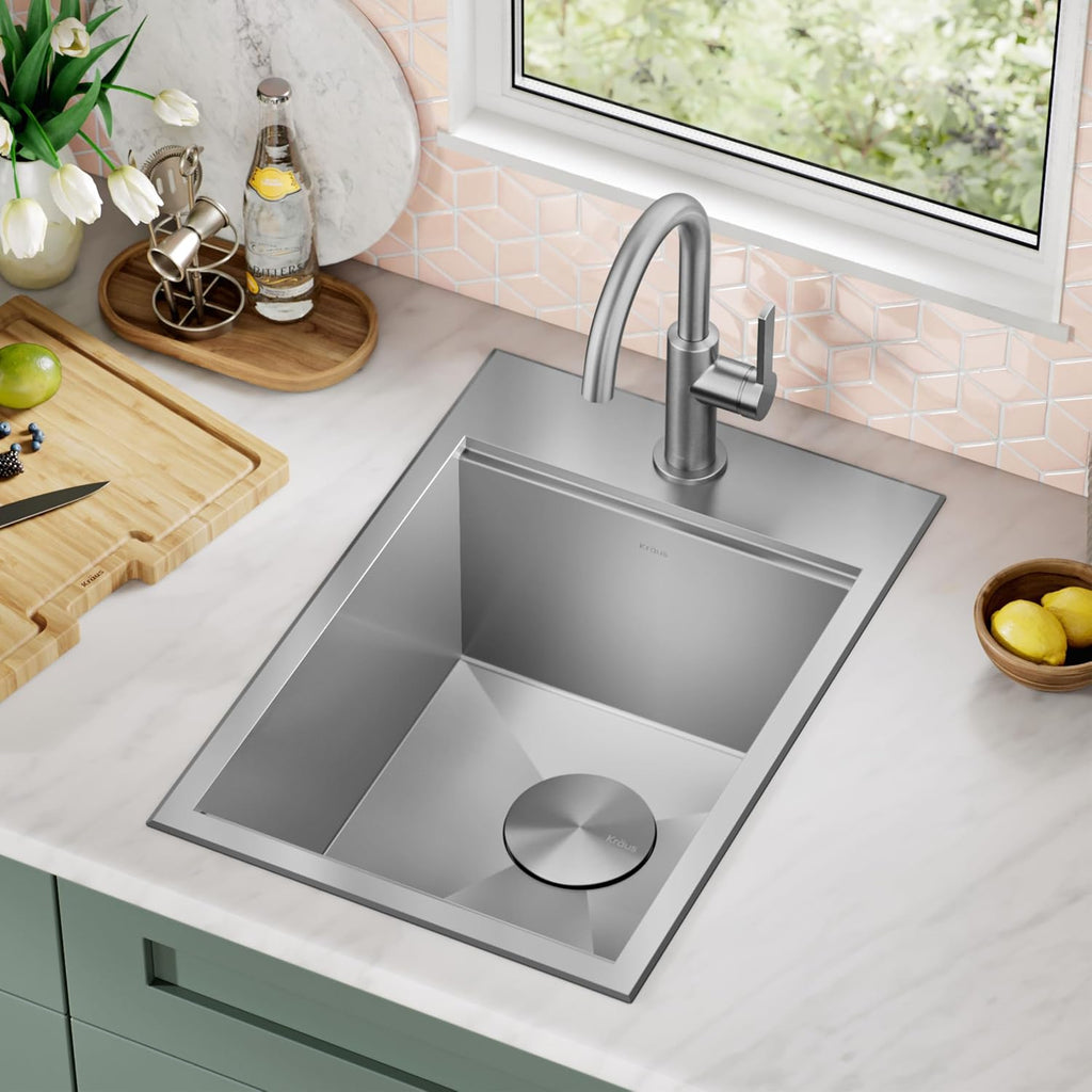 KRAUS Kore 15x22-Inch Drop In/Top Mount Workstation 16 Gauge Single Bowl Stainless Steel Bar Kitchen Sink with Accessories, Kitchen Sinks