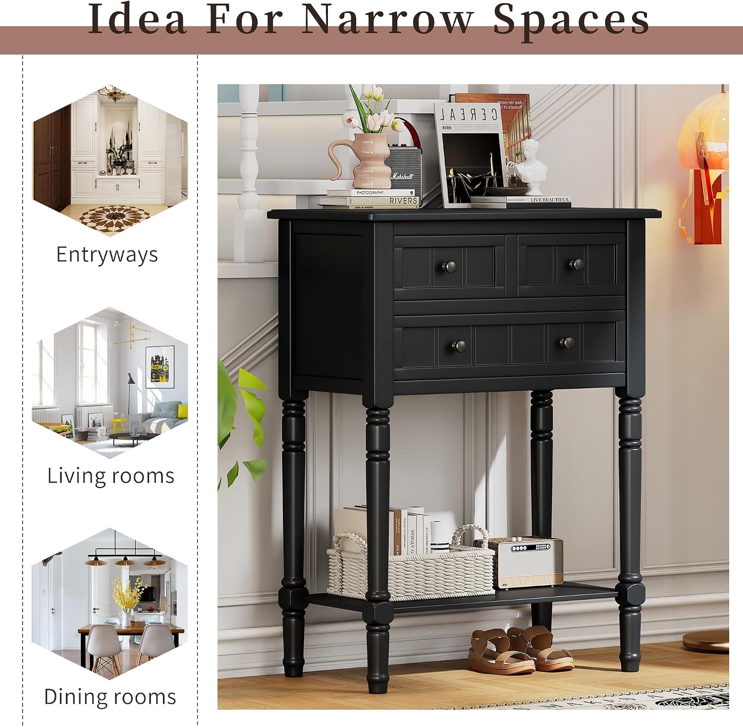 P PURLOVE Antique Narrow Console Table,Slim Sofa Entry Table with 3 Storage Drawer for Living Room,Entryway