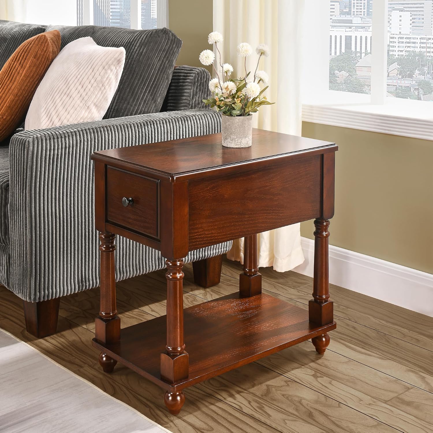 Narrow End Table with Drawer and Storage Shelf, Solid Wood Sofa Side Tables for Living Room, Slim Beside Table-, Vintage Telephone Tabless for Small Spaces, No-Tools Assembly Vintage Walnut BBJ004DWA
