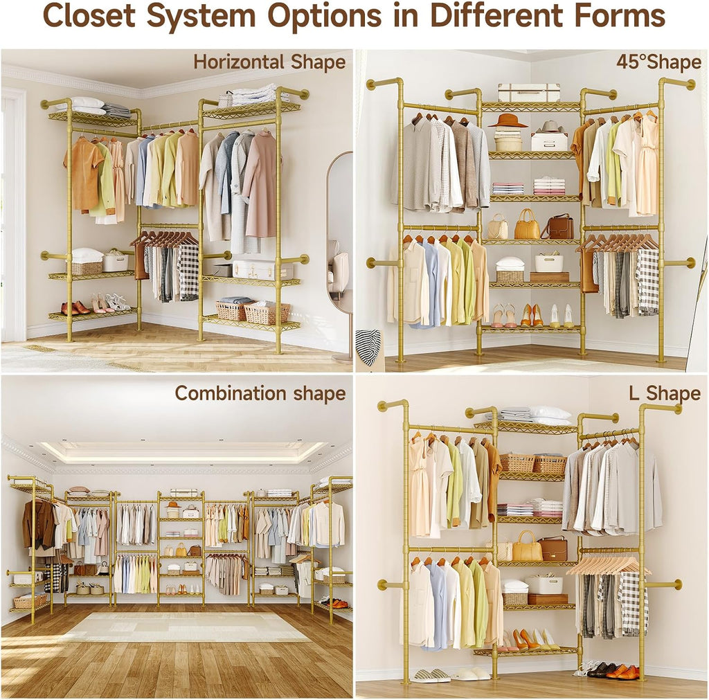 ONBRILL L3 Wall Mounted Industrial Pipe Closet System, Corner Closet Organizers with 4 Telescopic Rods & 6 Shelves, Heavy Duty Clothing Clothes Rack in Wardrobe Closet (Gold)