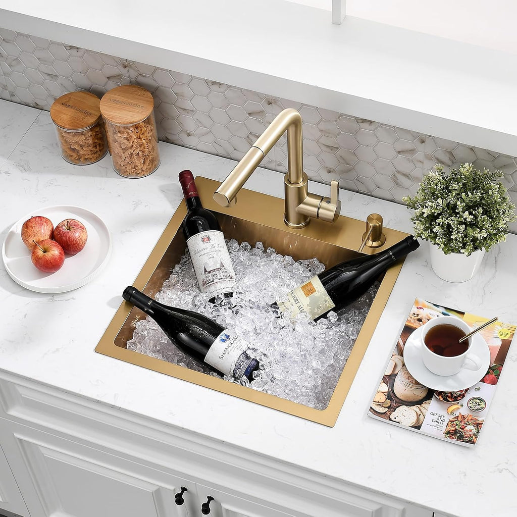 15 Inch Drop In Bar Sink with Faucet Combo | Gold Stainless Steel, Topmount Single Bowl, Durable Modern Design | Small Sink for RV, Bar Prep & Small Kitchens