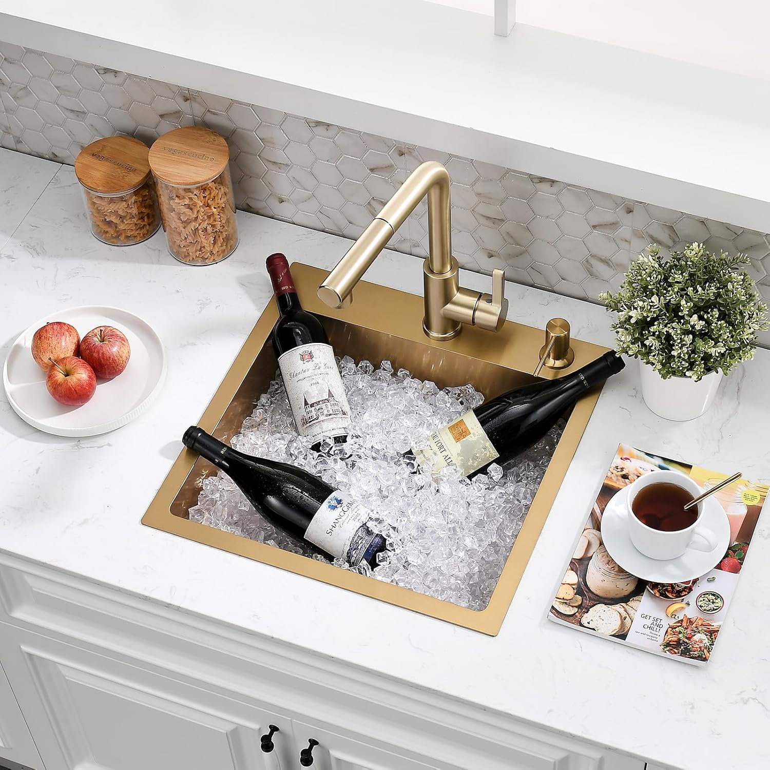 15 Inch Drop In Bar Sink with Faucet Combo | Gold Stainless Steel, Topmount Single Bowl, Durable Modern Design | Small Sink for RV, Bar Prep & Small Kitchens