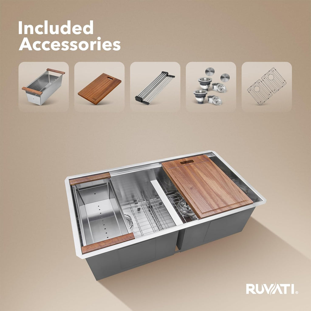 Ruvati 30-inch Workstation Ledge 50/50 Double Bowl Undermount 16 Gauge Stainless Steel Kitchen Sink - RVH8345
