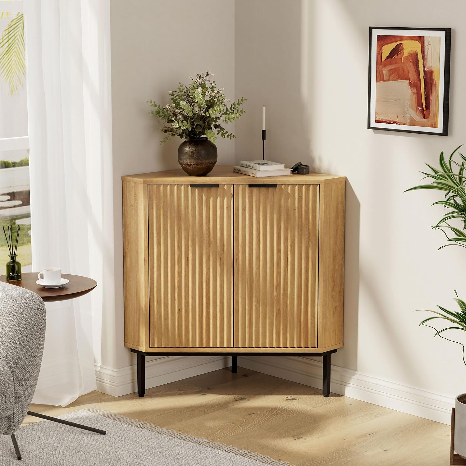 Modern Corner Cabinet, Fluted Small Floor Storage Cabinet with Adjustable Shelf, Freestanding Narrow Organizer for Living Room Kitchen, Natural Oak
