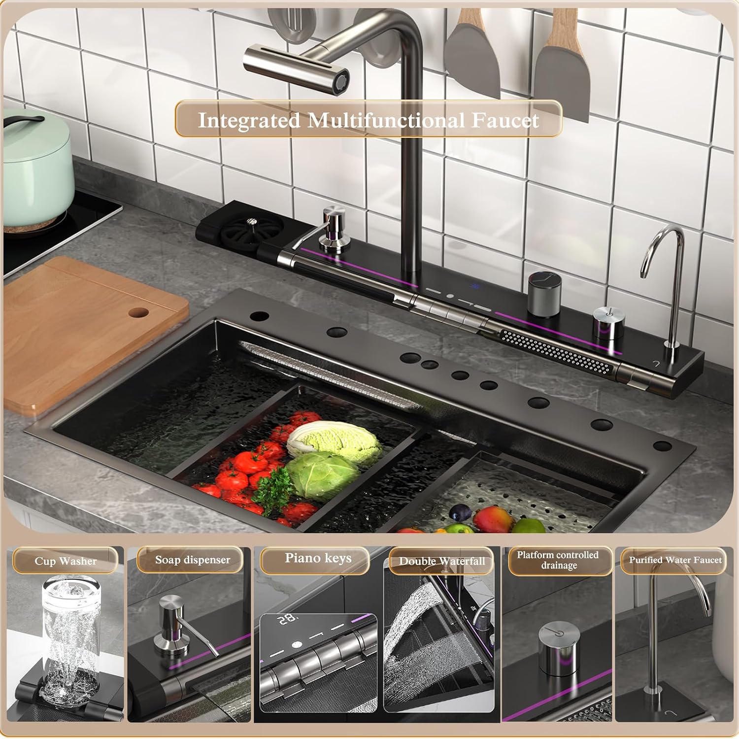 Dual Waterfall Kitchen Sink Modern Kitchen Sink Single Bowl Digital Smart Sink with Soap Dispenser Stainless Steel Sink with Pull-Out Faucet Workstation Sink with Honeycomb(29.5x18.1in)