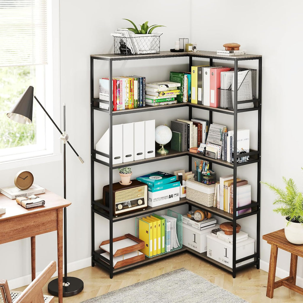 Tangkula Large Corner Bookshelf, 90 Degrees 5-Tier Industrial Wood Open Corner Bookcase for Small Spaces, Heavy-Duty Metal Frame, 71'H L-Shaped Storage Display Rack for Living Room (Oak)