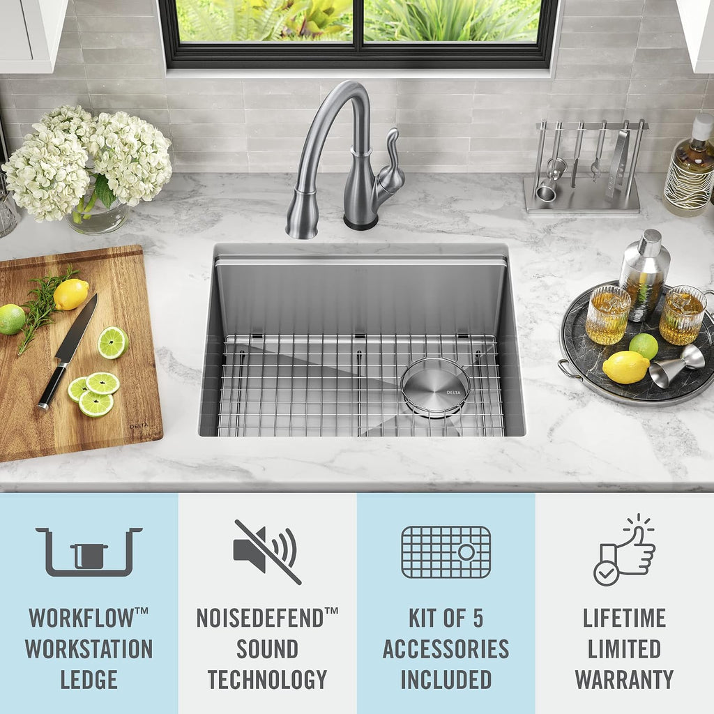 DELTA FAUCET Lorelai 23-inch Workstation Kitchen Sink Undermount 16 Gauge Stainless Steel Single Bowl with WorkFlow Ledge and Kit of 5 Accessories, 95B9132-23S-SS