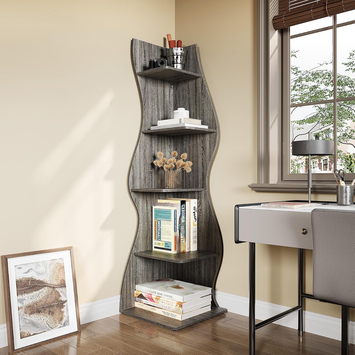 LITTLE TREE Small Corner Shelf, Modern 5-Tier Wall Corner Bookshelf, Stylish Bookcase Storage Rack for Small Space, Living Room, Bedroom