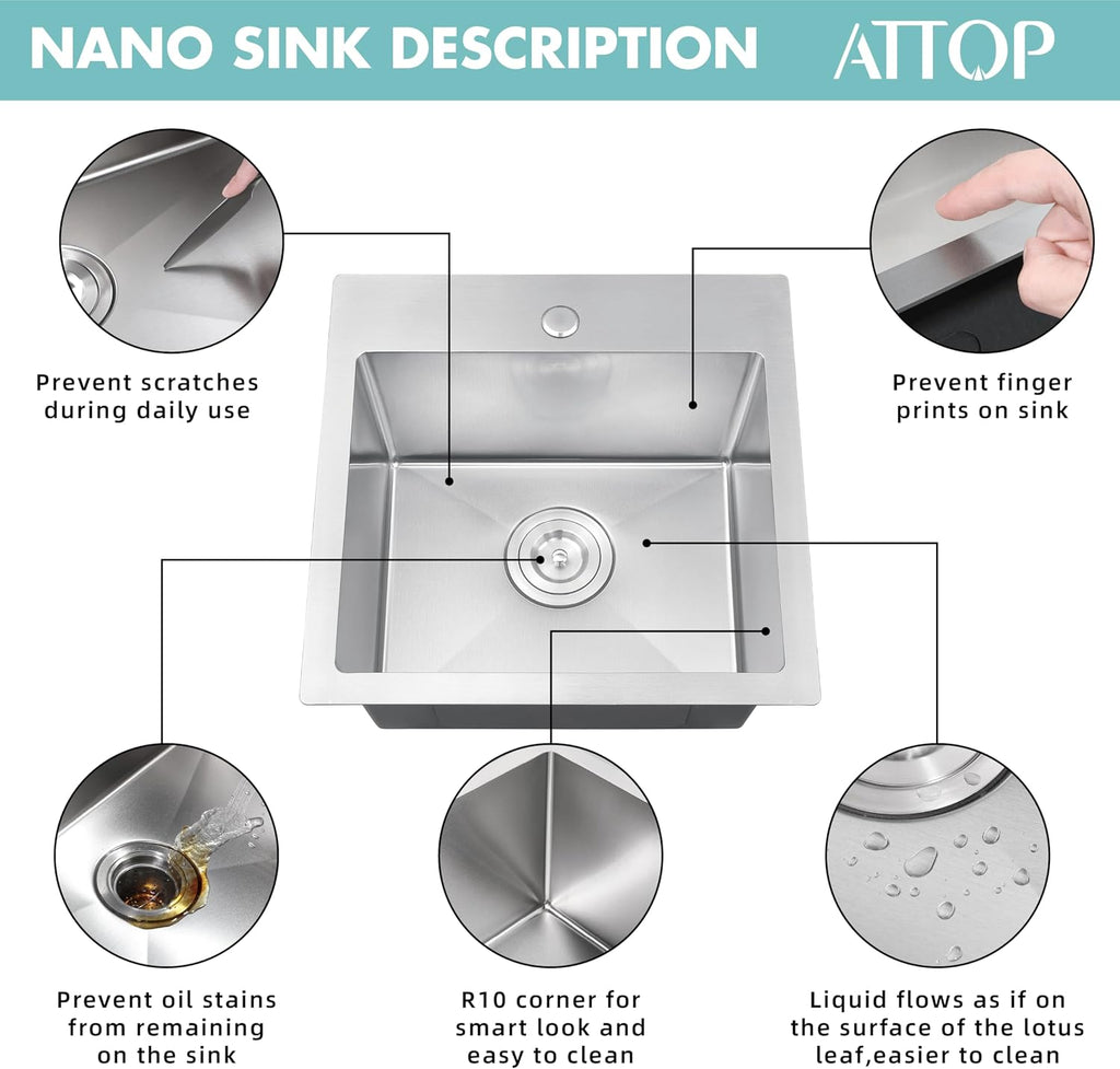 ATTOP 18 X 18 Inch Drop in Bar sink,9 inch deep Nano Coating Stainless Steel Topmount Single Bowl Sink Small Kitchen Basin