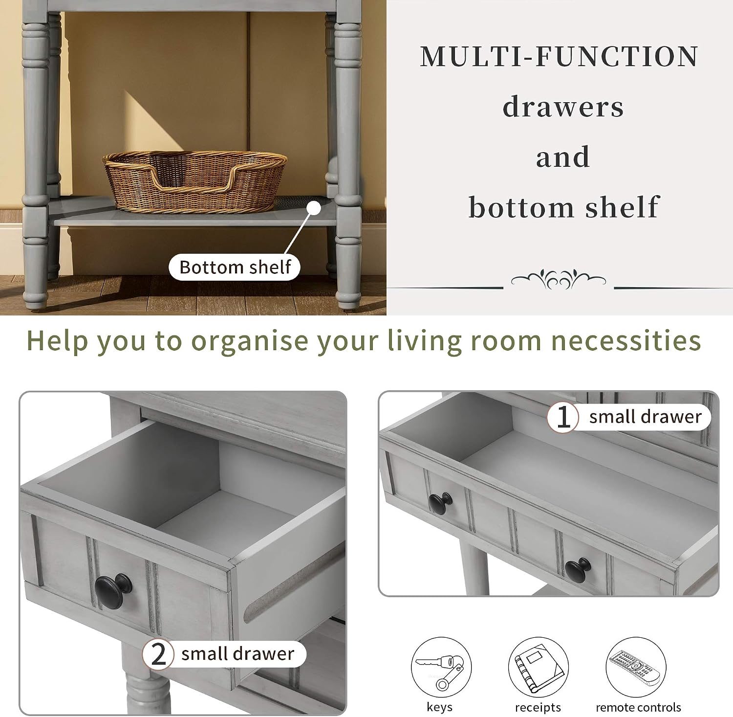 P PURLOVE Narrow Console Table, Farmhouse Entryway Table Slim Sofa Table with Three Storage Drawers and Bottom Shelf, Wood Entry Table for Living Room,Easy Assembly,Gray Wash