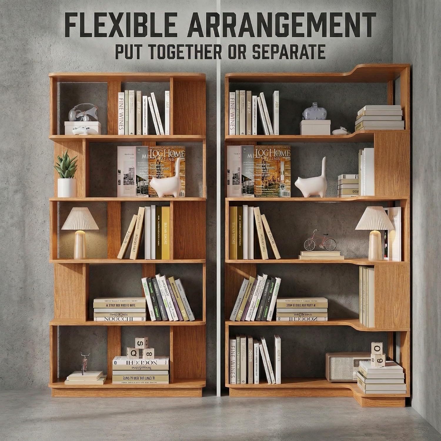 Corner Bookshelf, L Shaped, Set of 2, Dark Oak | Modular Geometric Design, Large Storage Display, Freestanding Wooden Unit, For Living Room Home Office