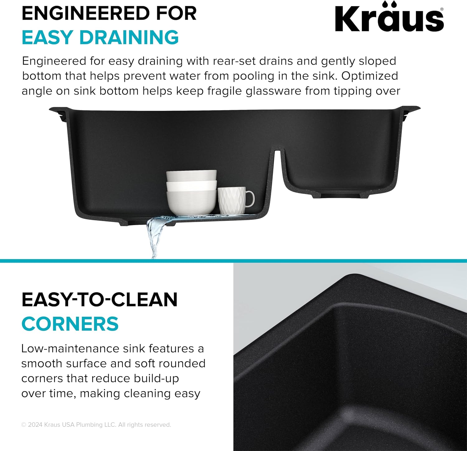 KRAUS Quarza 33-inch Drop-In/Undermount 60/40 Double Bowl Granite Kitchen Sink in Black, KGD-442BLACK