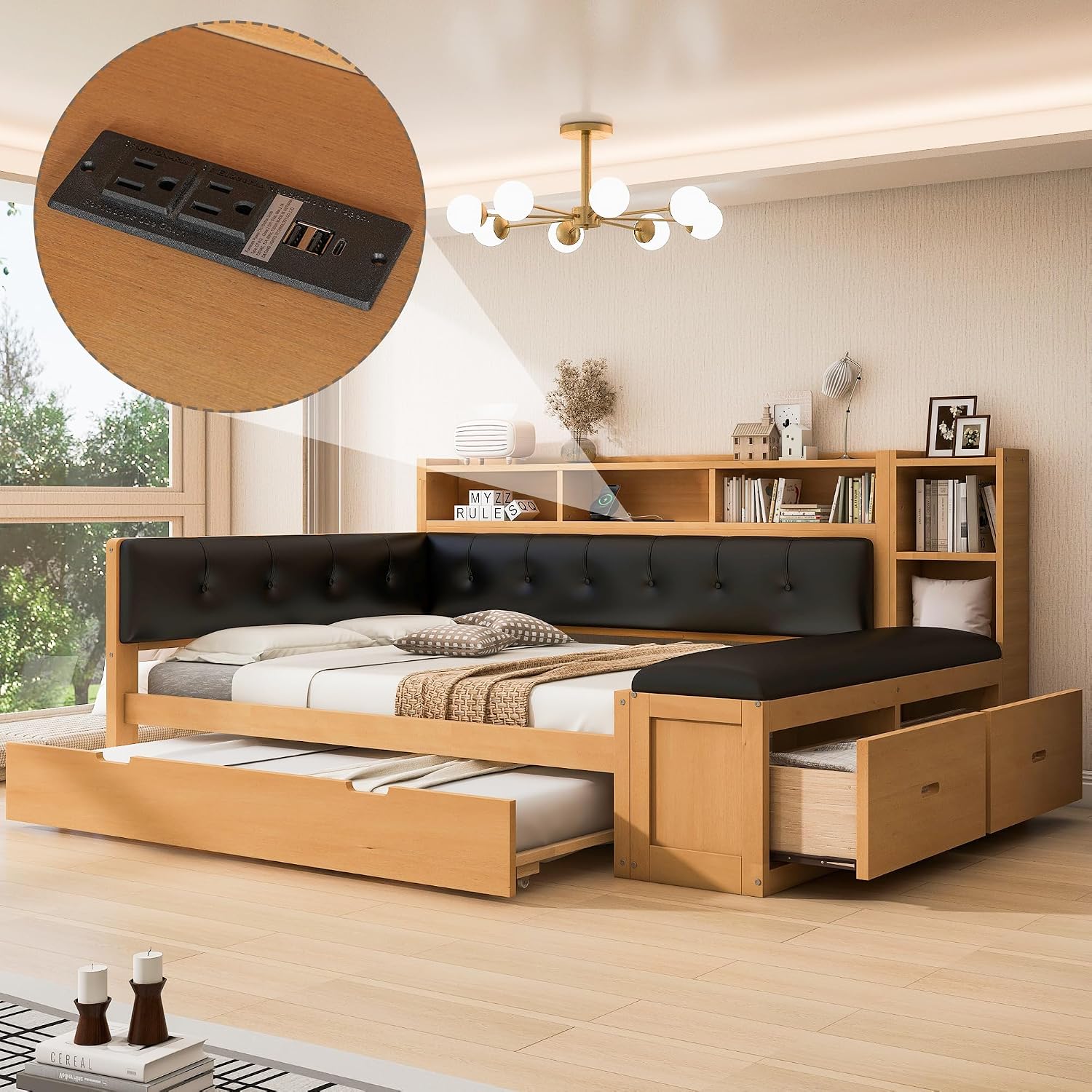 SOFTSEA Full Size Daybed with Trundle, Storage & Charging Station, Wooden Corner Daybed Frame with Upholstered Headboard & Bench for Bedroom or Apartment, No Box Spring Needed, Natural