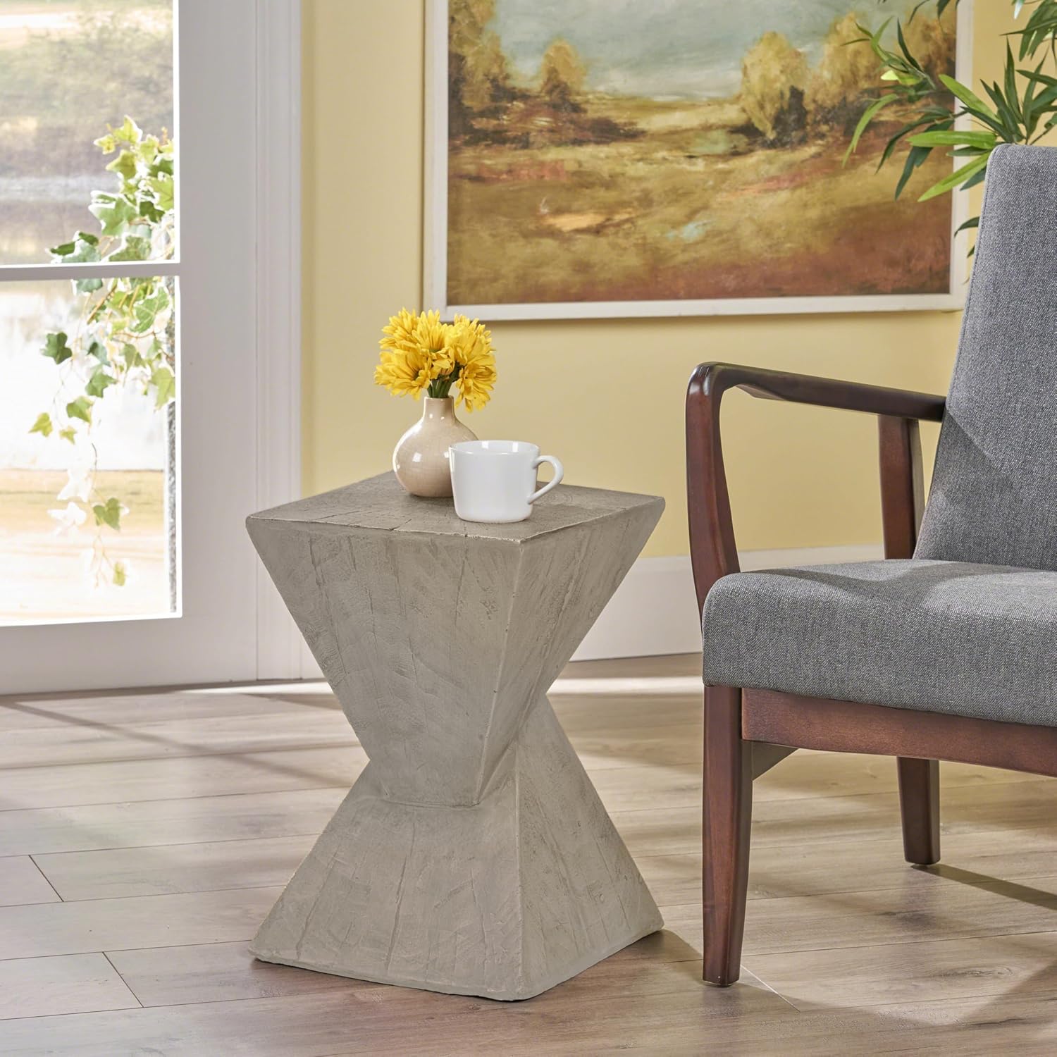 Christopher Knight Home Novi Outdoor Side Table, Geometric-Shaped Accent Side End Table, Garden Stool for Patio Balcony Beach Pool, Lightweight Concrete, Wood-Like Texture, Light Gray