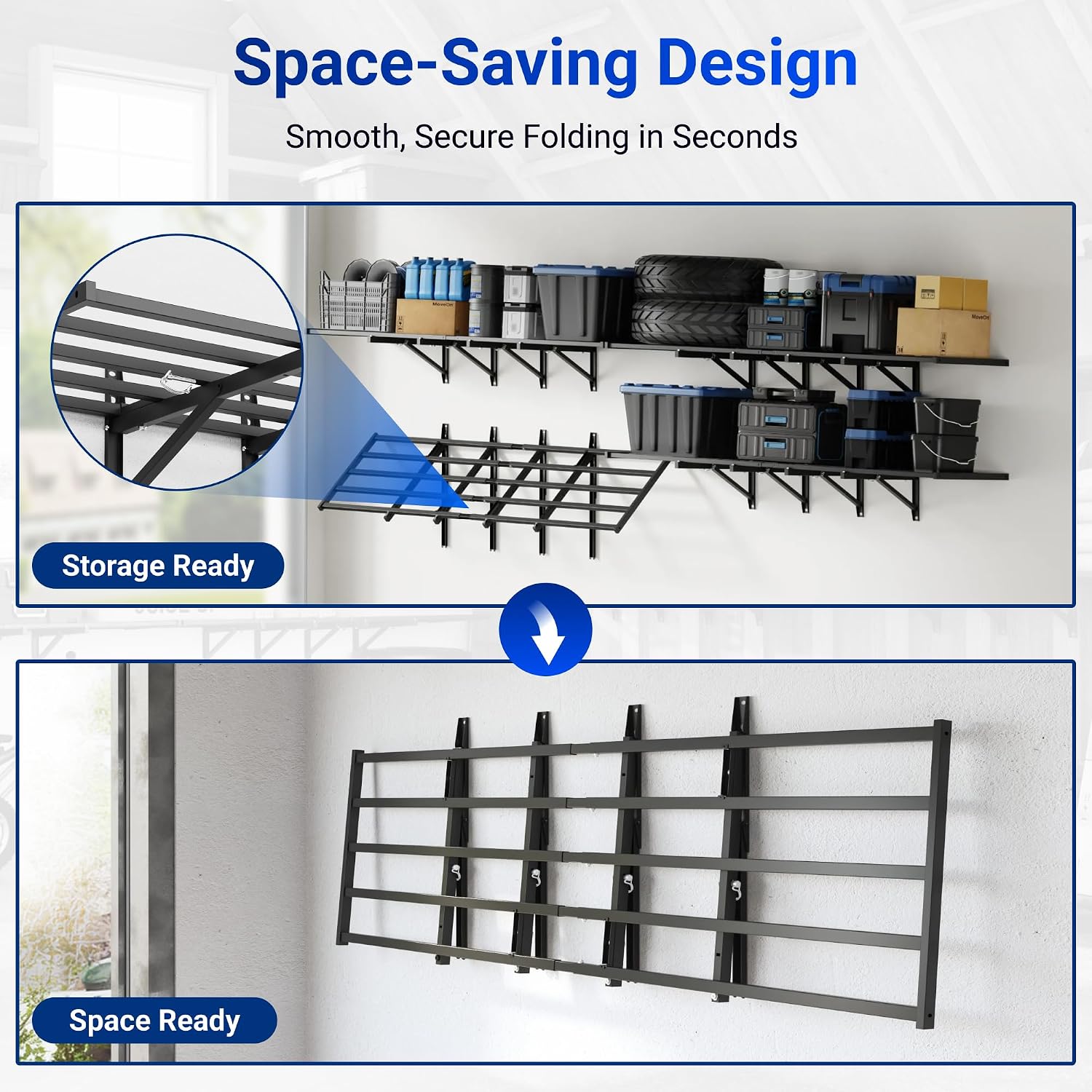 FLEXIMOUNTS Fold-Down 2x6ft Garage Wall Shelving, 2-Pack Heavy Duty Folding Garage Shelving Wall Mounted, 1800 lbs Capacity, Storage for Power Tools, Garden Supplies & Seasonal Storage, Lite Series