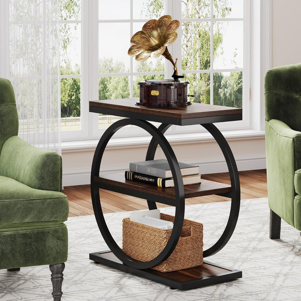 LITTLE TREE 3-Tier End Table Set of 2, Industrial Side Table with Storage Shelves, Small Sofa Side Table for Living Room, Wooden Side End Table with Round Metal Legs, Slim Nightstand and Bedside Table