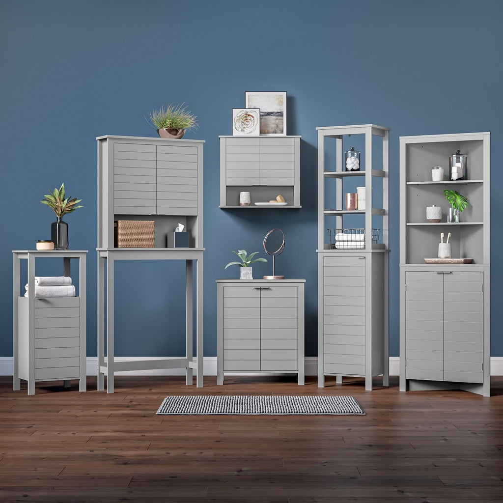 RiverRidge Madison Bathroom Corner Storage Cabinet with Open Shelves and Cupboard Tall Corner Storage Gray Bathroom Furniture Curio Cabinet