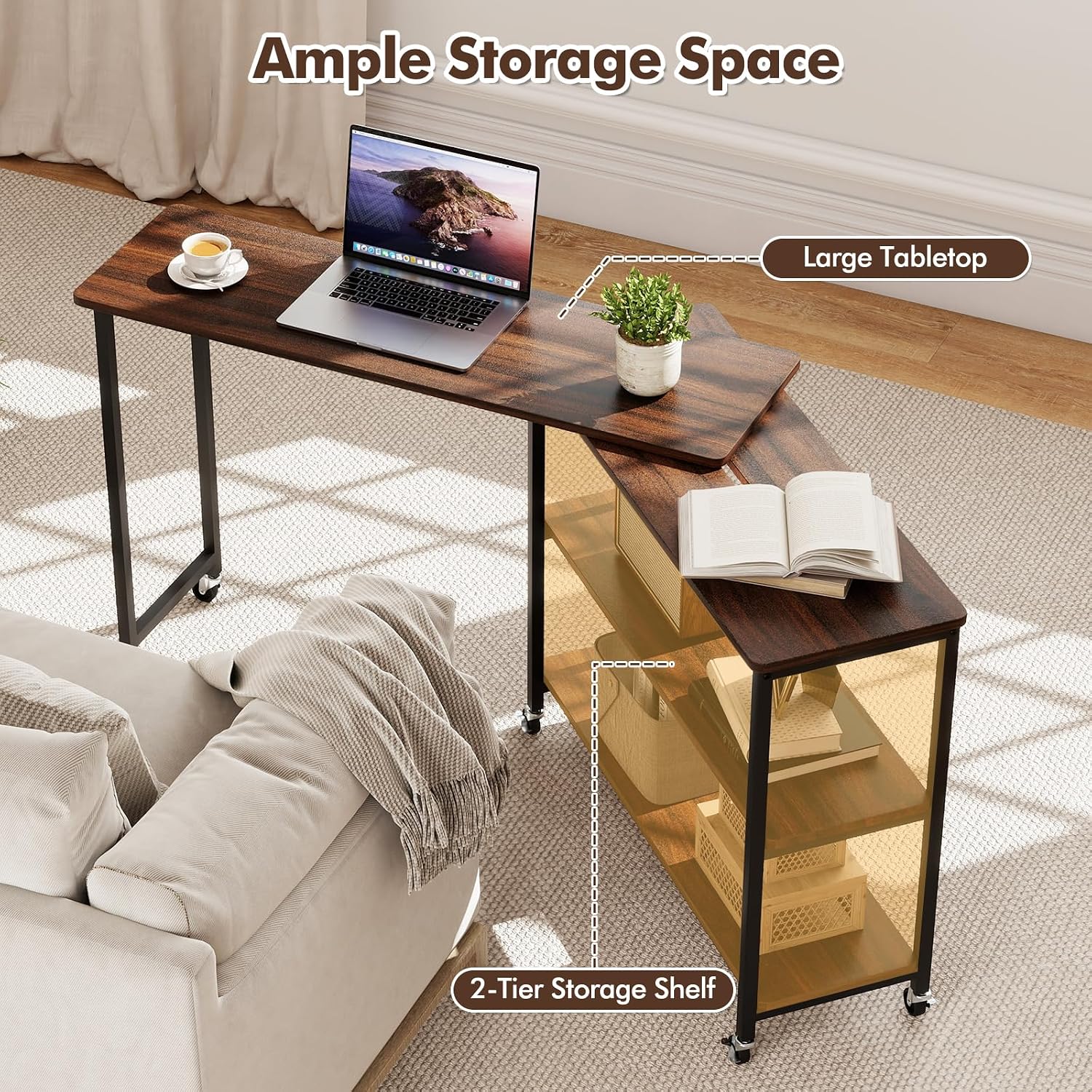 Giantex 360° Free Rotating Sofa Side Table, Patented Mobile End Table with 2-Tier Storage Shelves, 6 Universal Casters, Movable Laptop Tables for Snack, Couch, Walnut