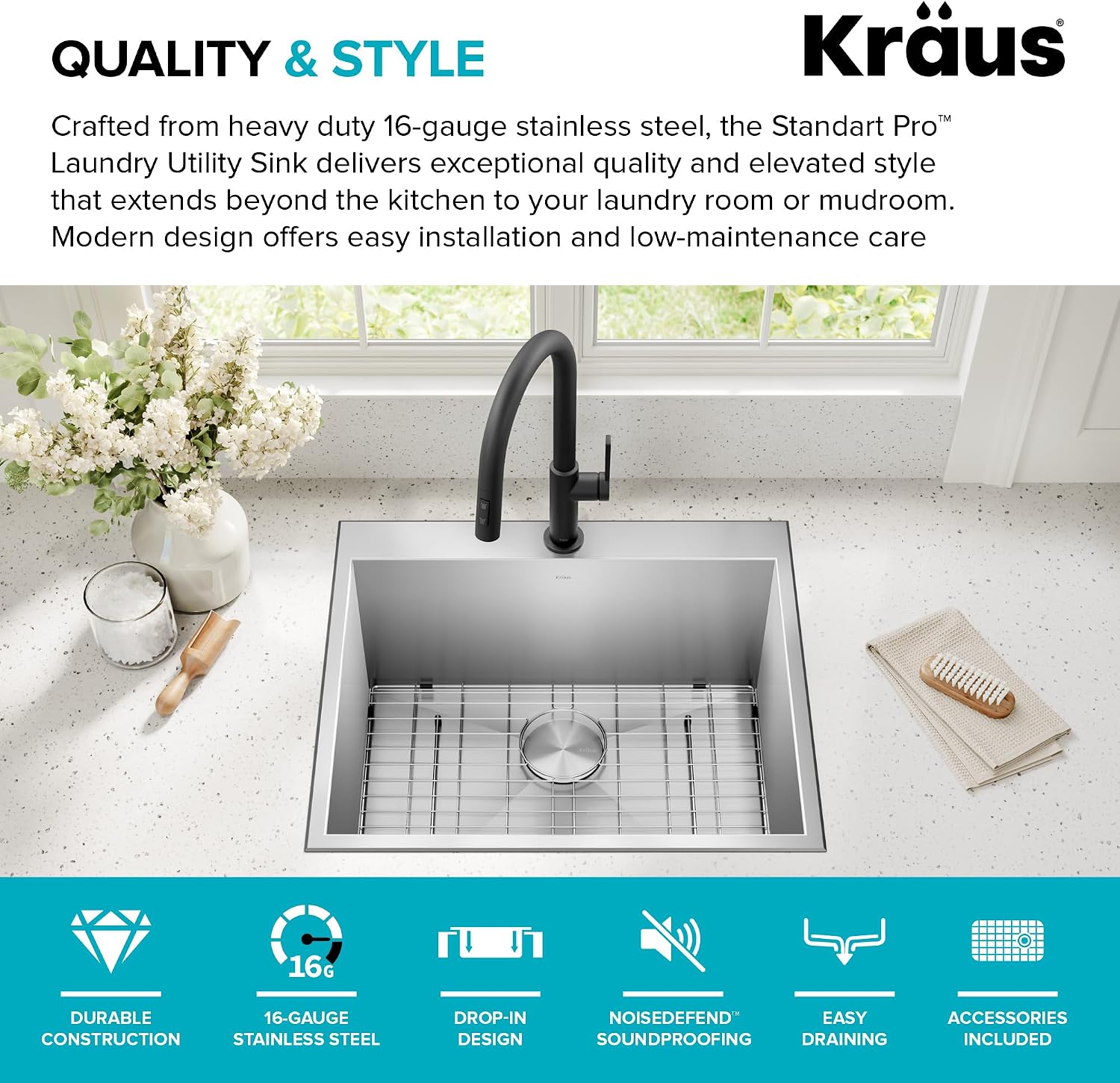KRAUS Standart PRO 25-inch Drop-In Top Mount 16 Gauge Stainless Steel Single Bowl Laundry Utility Sink, KHT301-25L