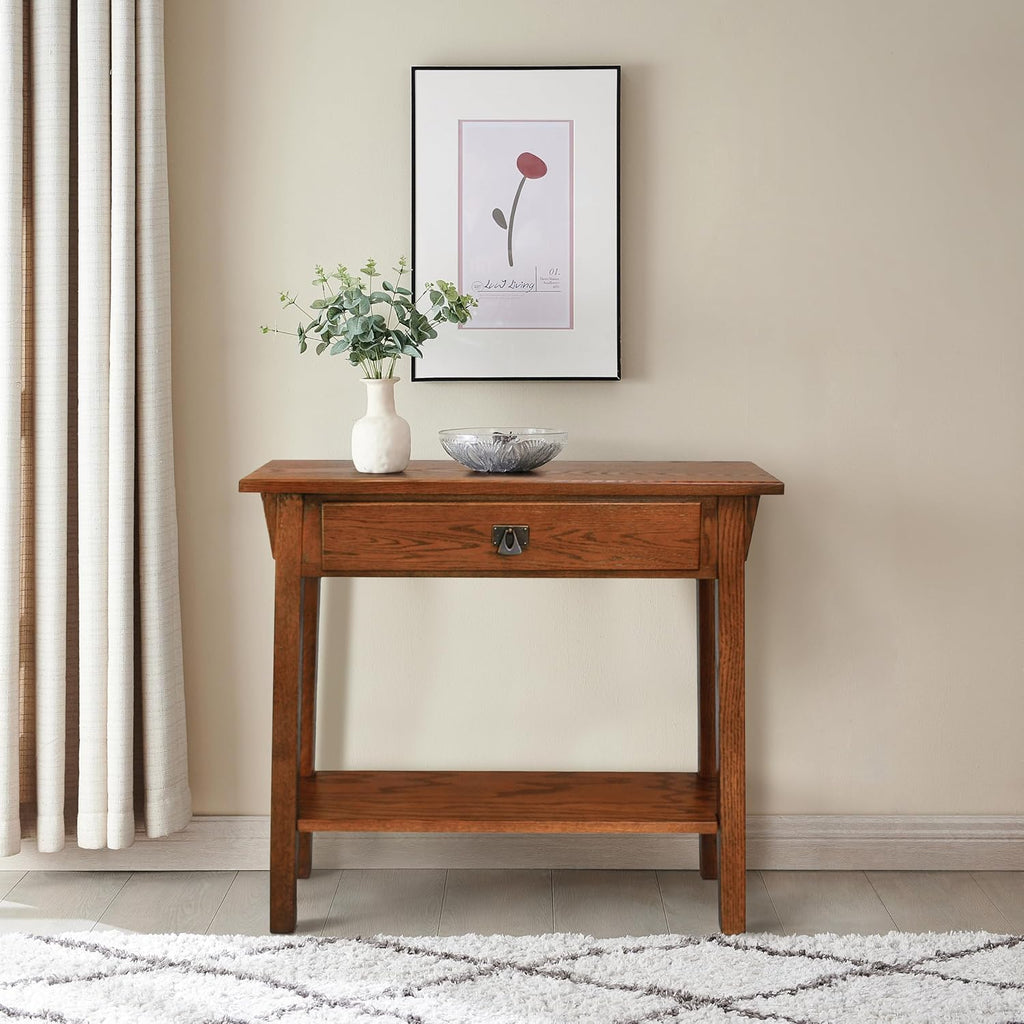 Leick Home Mission Console Table, Solid Wood, 1 Storage Drawer, Bottom Display Shelf, Narrow Depth, Easy-Assembly, For Living Room/Hallway, Russet, 30 in L x 10 in W x 28 in H, 9057-RS