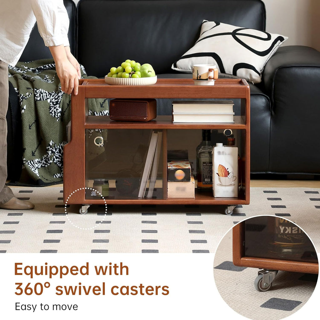 Solid Wood Side Table with Wheels, Narrow Side Table with Storage, Rolling Bedside Table for Bedroom Living Room Dining Room(Teak, 27.95' D x 11.42' W x 19.88' H)