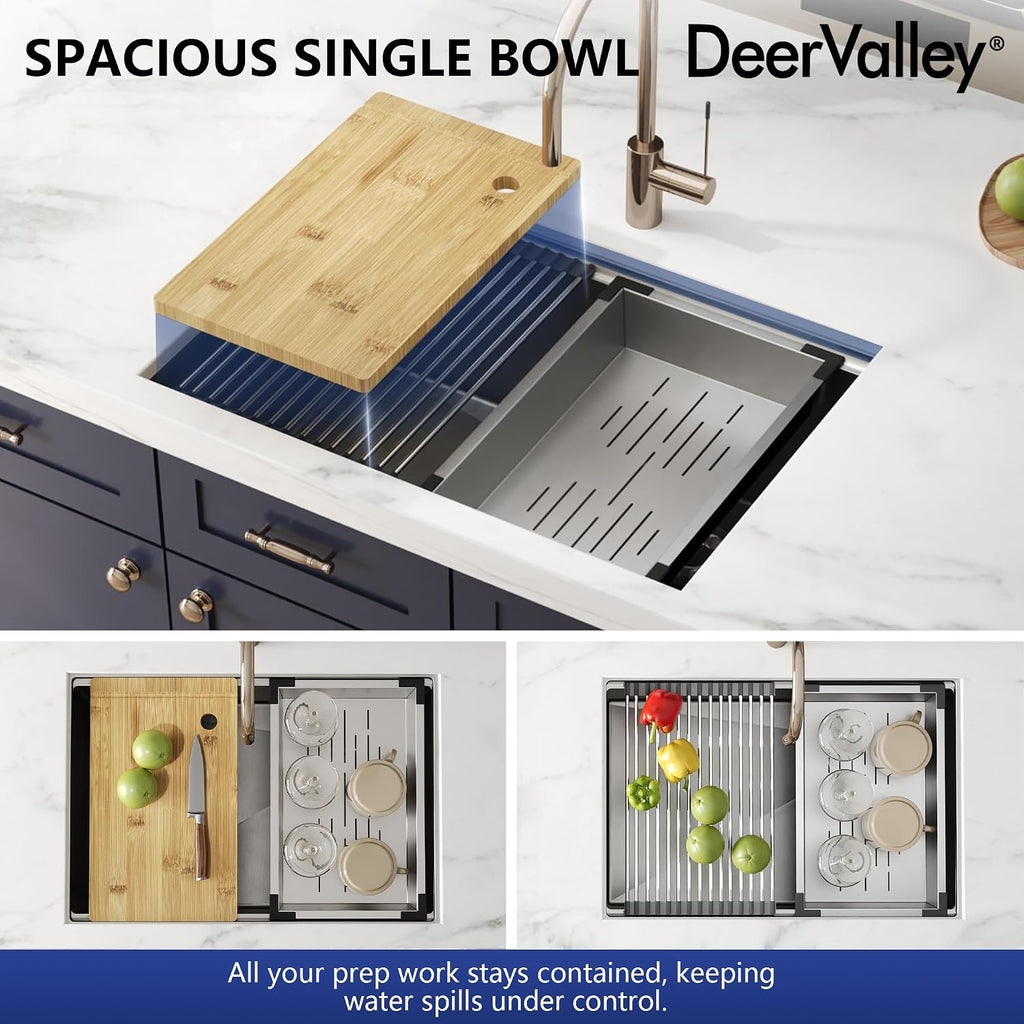 DeerValley Workstation Kitchen Sink 27 Inch, 18 Gauge Stainless Steel Single Bowl Sink, Handmade with Built-In Accessories, Ledge Design & Cutting Board