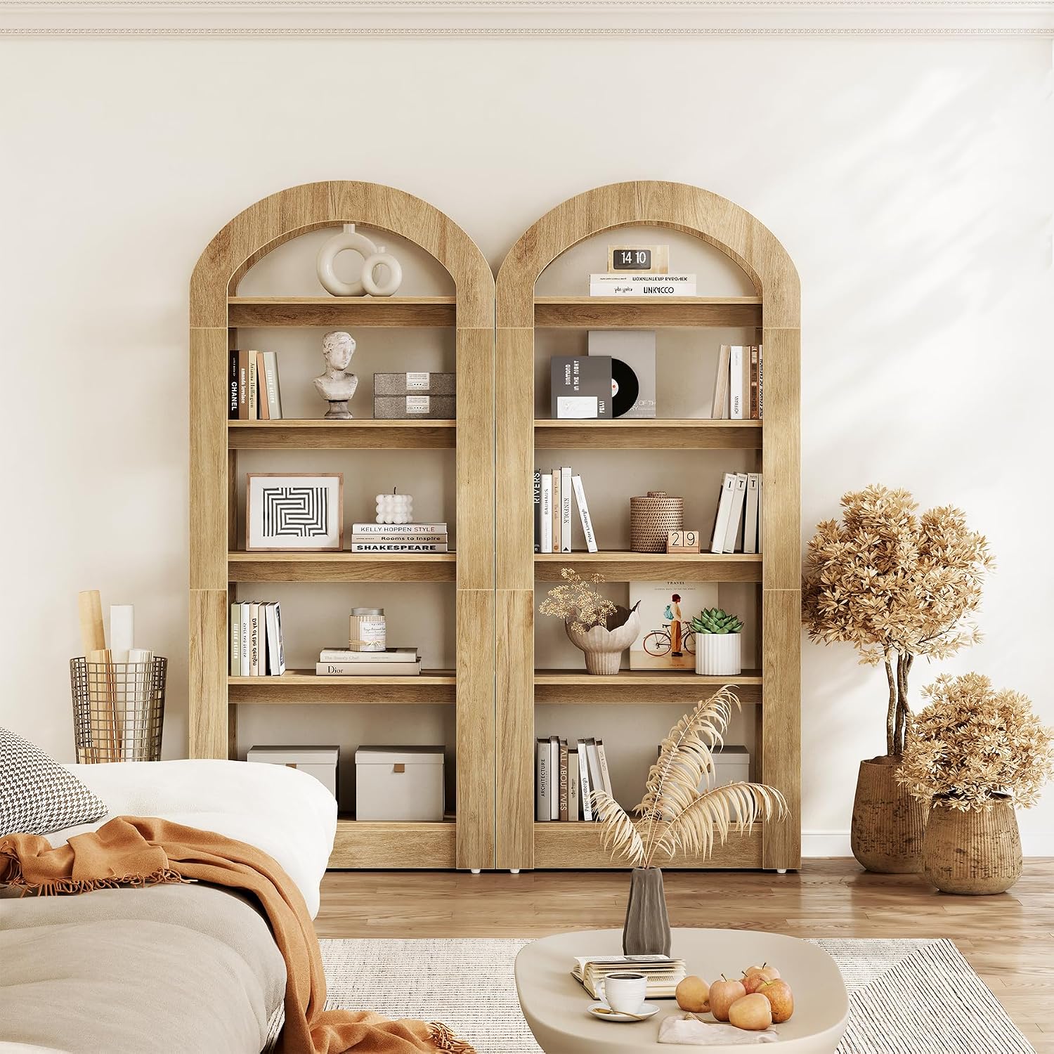 LITTLE TREE 5-Tier Bookshelf, Arch-Shaped Racks, Tall Standing Wooden Bookcase Display Shelf Modern Storage Solution (2, Teak Color)