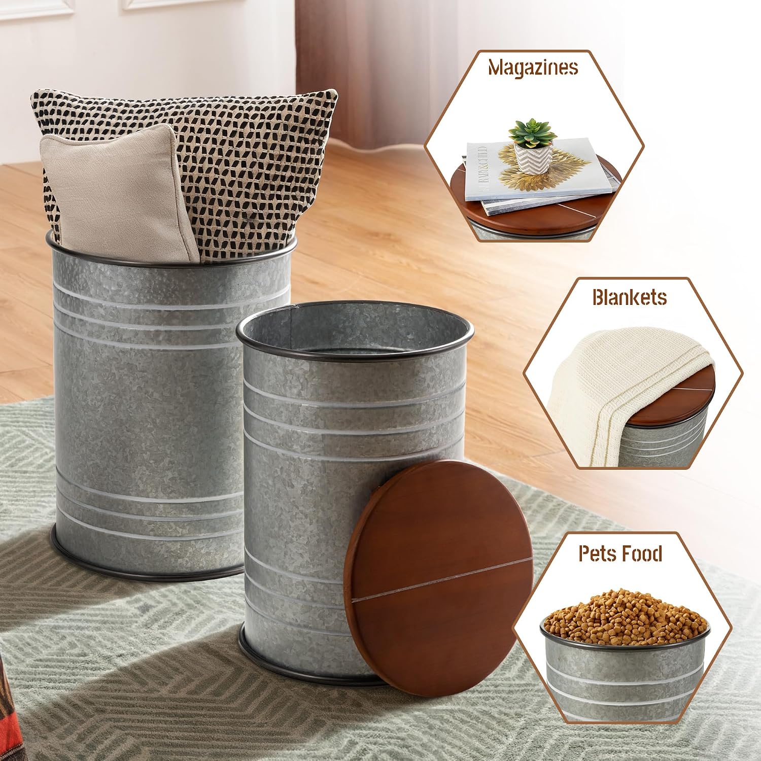 Glitzhome 4-Piece Galvanized Side Table Set, Metal Farmhouse Barrel Toy Box Bins with Round Wood Lid, Rustic Ottoman Seat Stool with Large Storage Space, for Living Room, Bedroom,Grey