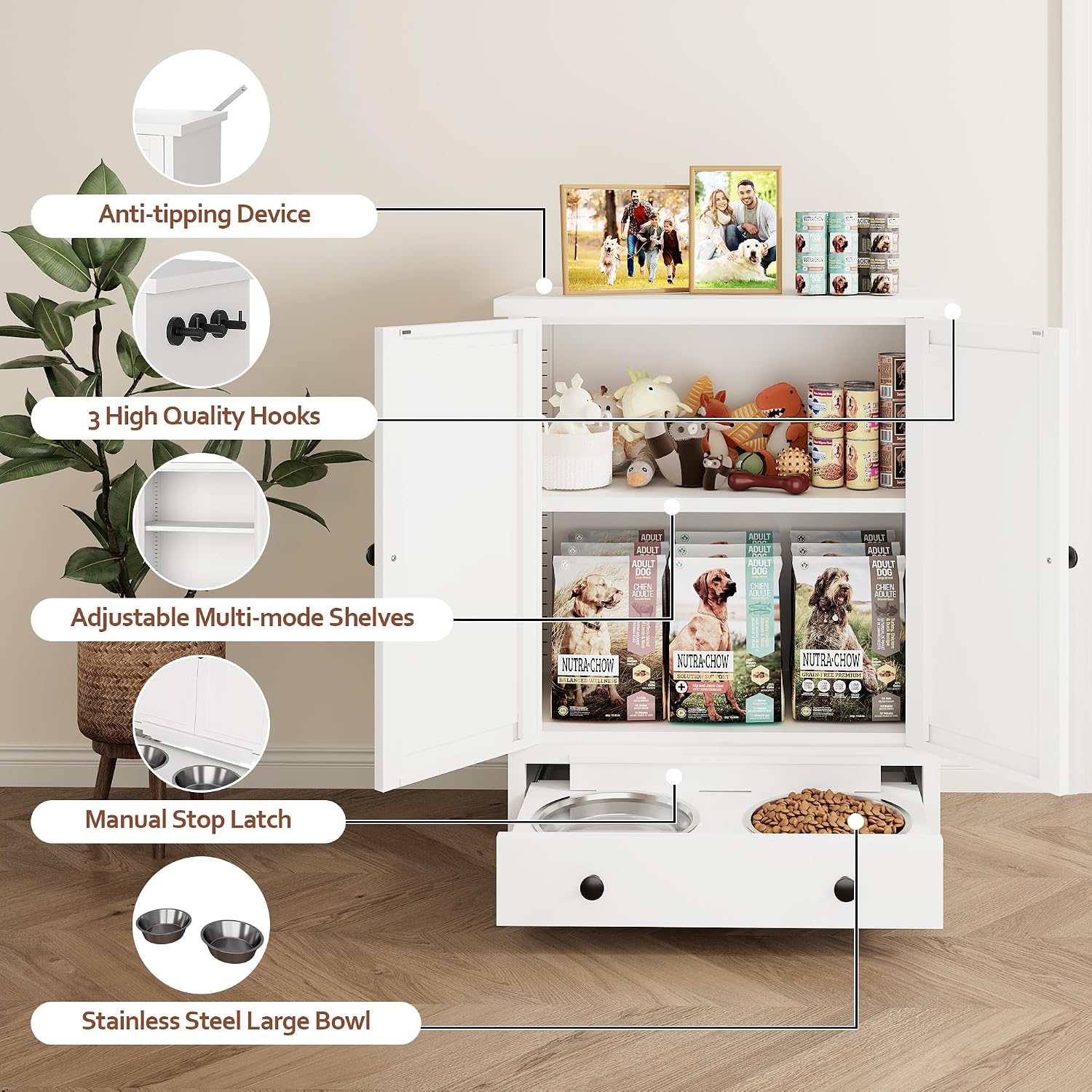 Dog Feeding Station with Storage, Metal Dog Food Storage Cabinet with 2 Elevated Bowls and 3 Hooks, Pet Feeding Station and Dogs Food Storage Organizer, White