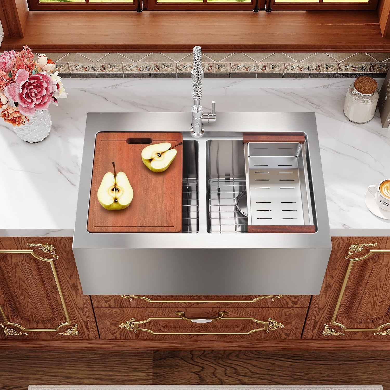 Rhbamoa 28 Inch Double Farmhouse Sink,16-Gauge T304 Drop In Farm Sink,50/50 Topmount Double Bowl Apron Front Farm Sinks,10 Inch Depth Stainless Steel Farmhouse Sinks with All Accessories
