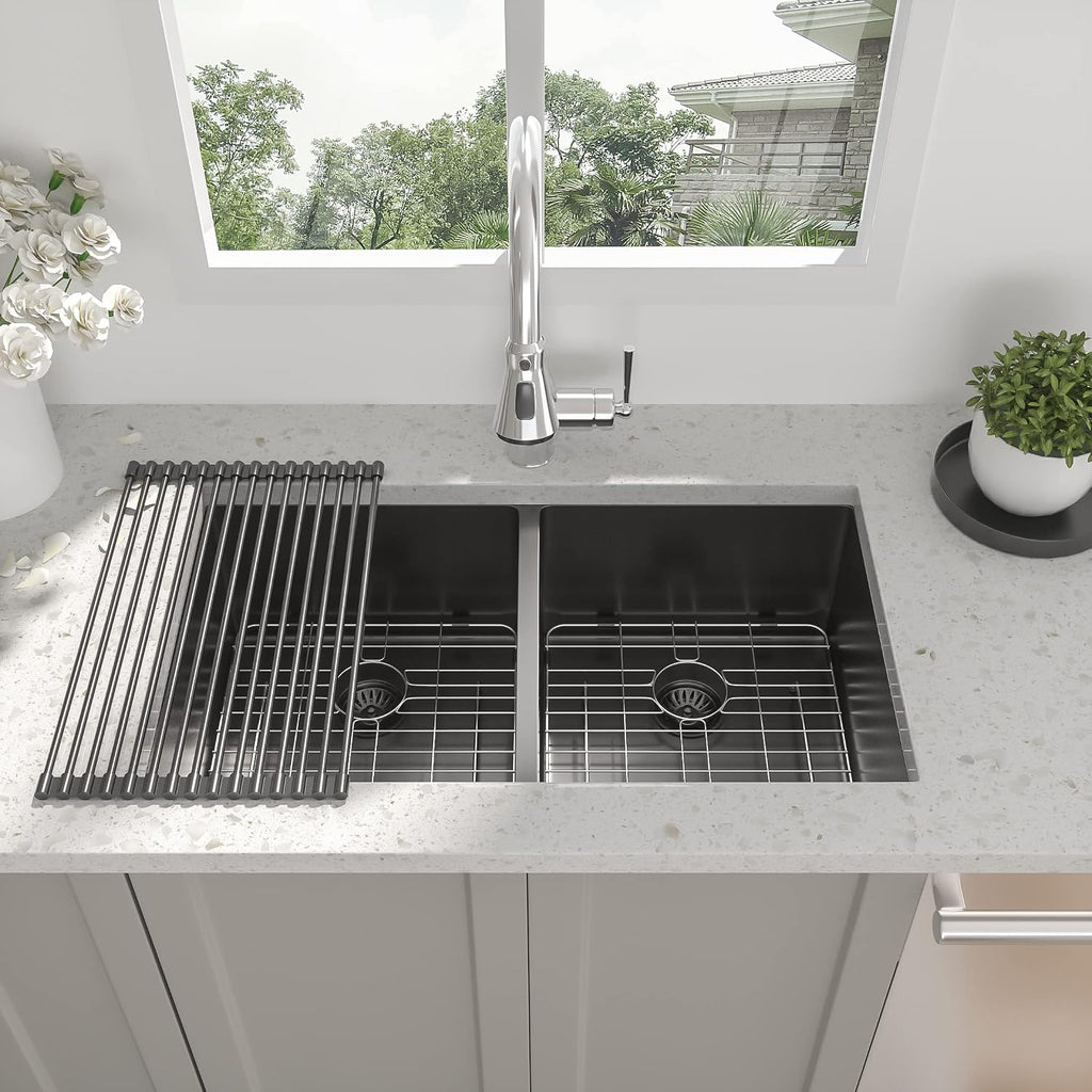 33 Inch Black Undermount Kitchen Sink - Beslend 33'x19'x10' Stainless Steel Gunmetal Black 16 Gauge 10 Inch Deep 50/50 Double Bowl Kitchen Sink Basin, 33 Inch-50/50