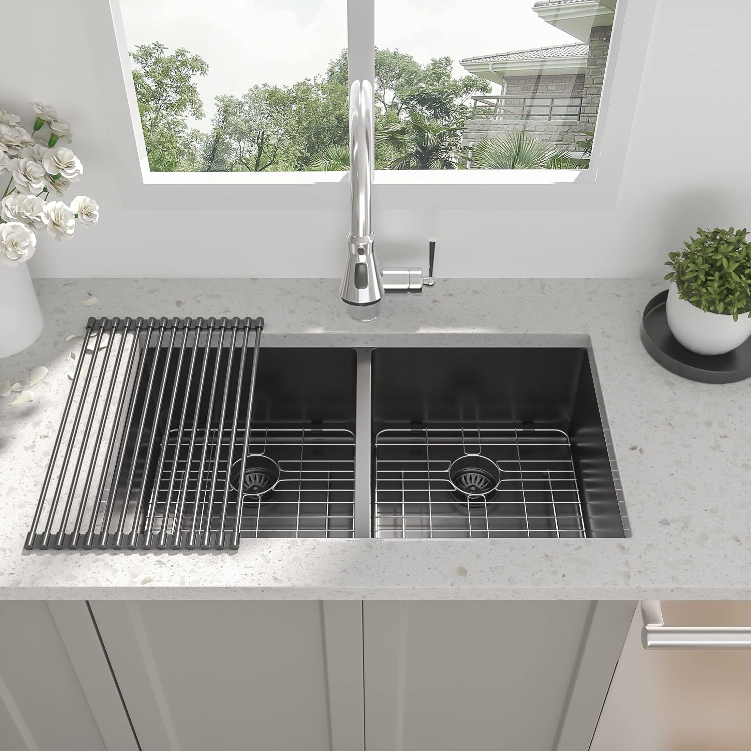 33 Inch Black Undermount Kitchen Sink - Beslend 33'x19'x10' Stainless Steel Gunmetal Black 16 Gauge 10 Inch Deep 50/50 Double Bowl Kitchen Sink Basin, 33 Inch-50/50