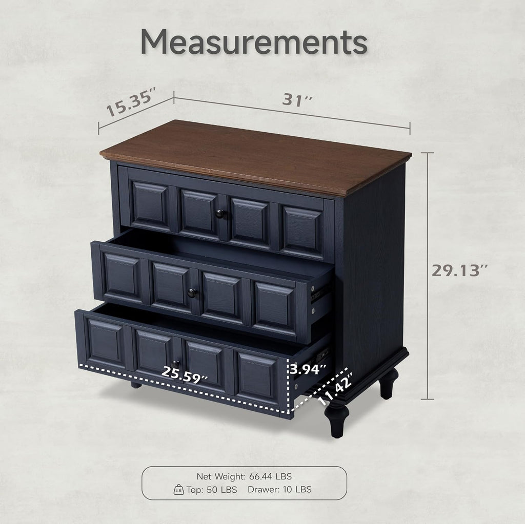 Aoikax Retro 3 Drawer Dresser with Plaid Pattern Front, Rustic Nightstand with Storage Chest for Bedroom, Living Room, Pine Wood, Aluminum Handle, Natural Wood, Dark Blue