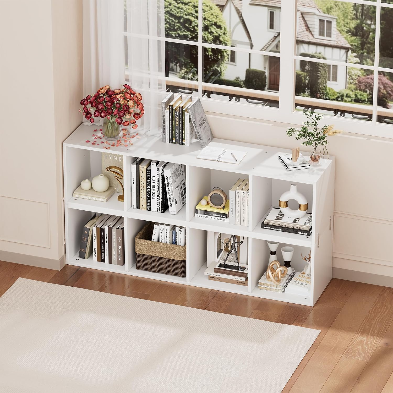 Book Shelf, 8 Tier Bookcase, 82.6 inches Tall Narrow Bookshelf, Wooden 8 Cube Storage Media Shelf, Vertical Slim Book Case with Removal Panels for Living Room, Bedroom, Entrance Hall