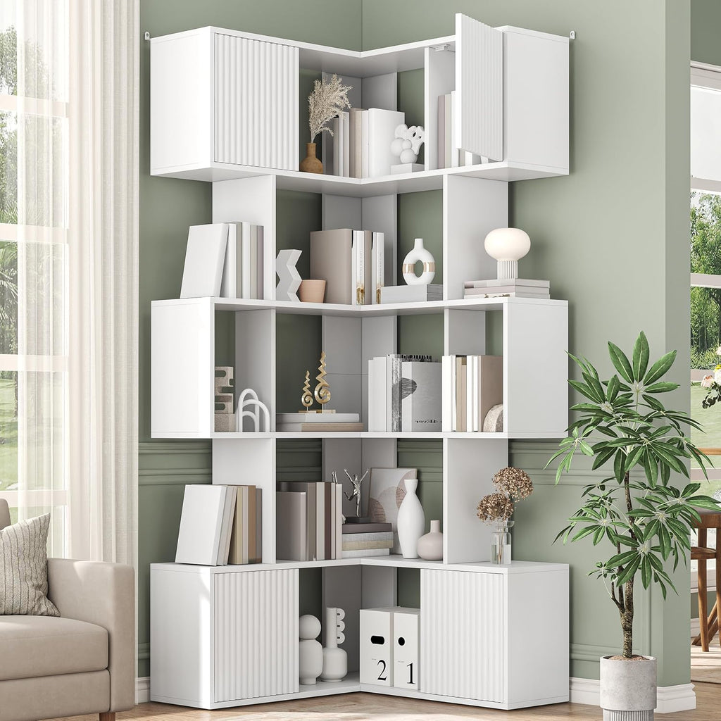 kepptory 6 Tiers Corner Bookshelf, 71' Display Storage Bookcase, L-Shaped Cube Bookshelf, Modern Display Shelf Standing Unit, Curio Display Bookshelf for Living Room/Home Office/Bedroom, White