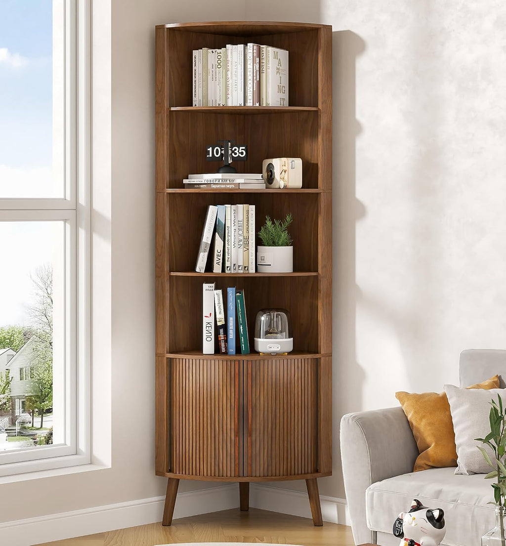 Corner Cabinet, 66.73'' Tall Modern Corner Bathroom Storage Cabinet with 2 Fluted Doors and Shelves, Home Space Saver for Kitchen, Living Room, Study Room(Walnut, 66.73''H)