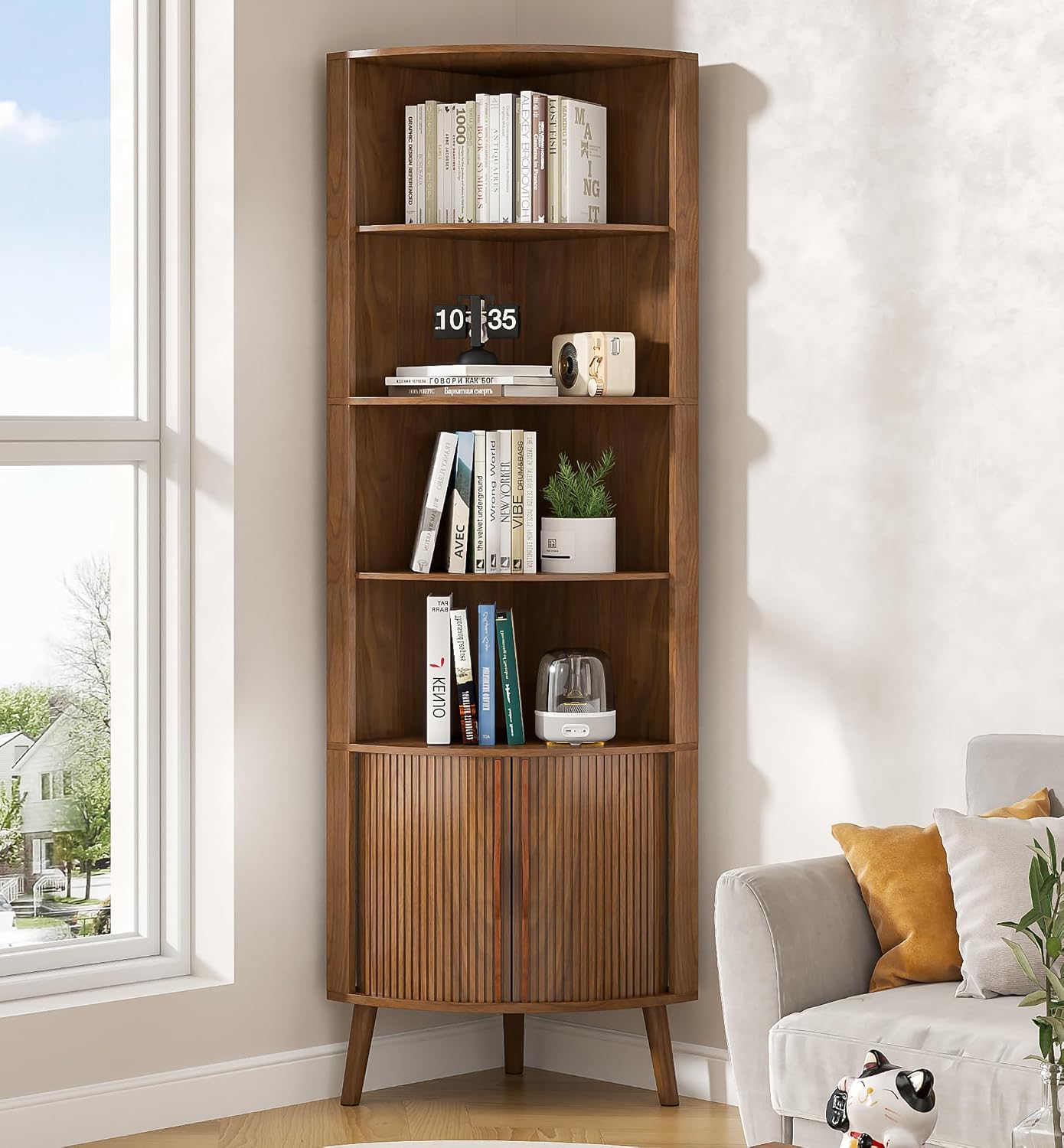 Corner Cabinet, 66.73'' Tall Modern Corner Bathroom Storage Cabinet with 2 Fluted Doors and Shelves, Home Space Saver for Kitchen, Living Room, Study Room(Walnut, 66.73''H)