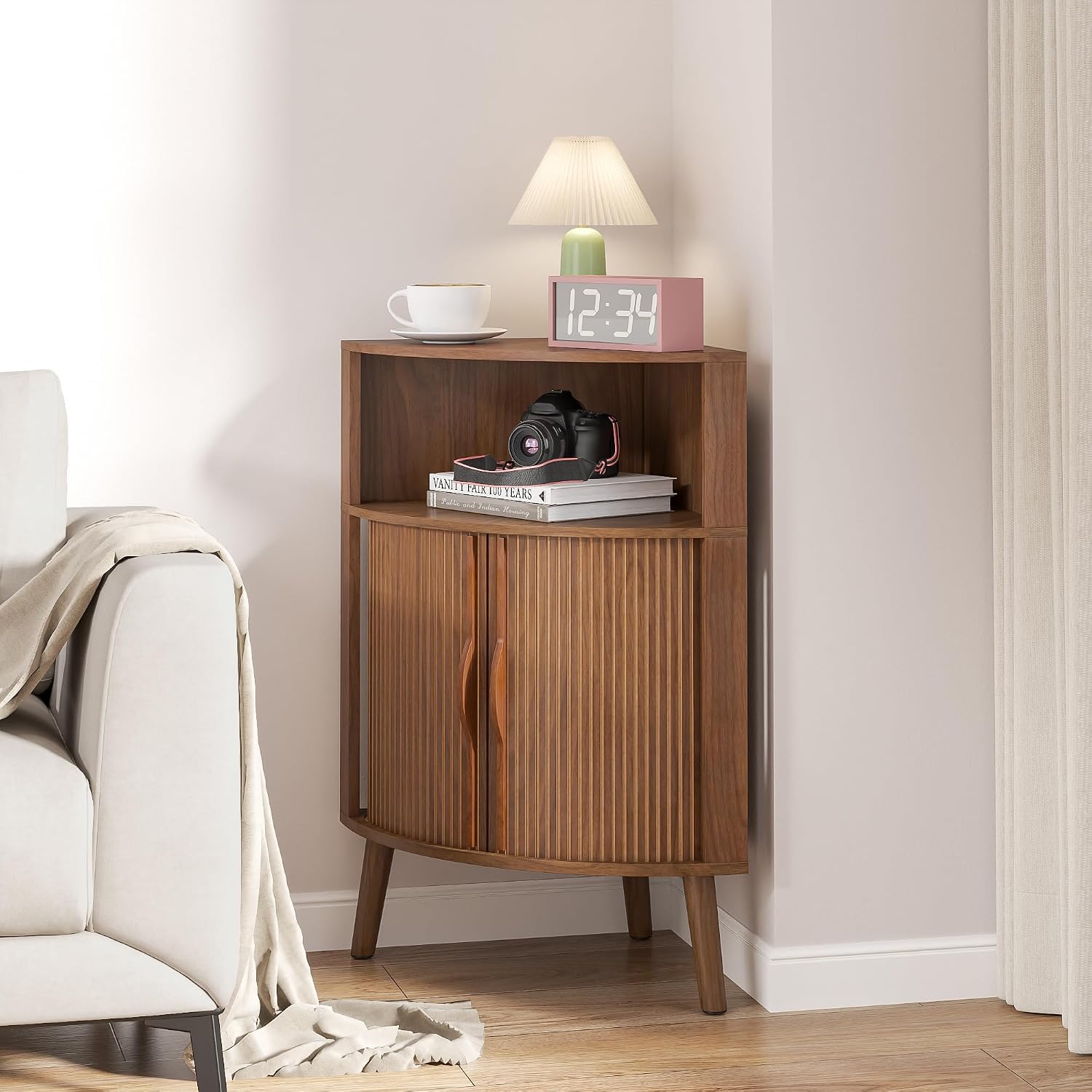 Bathroom Corner Storage Cabinet, 31.5''H Small Floor Corner Cabinet with 2 Fluted Doors and Shelves, Freestanding Narrow Cabinets Organizer for Living Room, Kitchen (Walnut, 31.5''H)