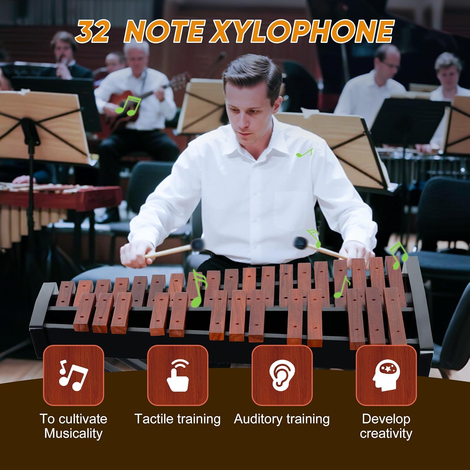 32 Note Xylophone Professional Wooden Glockenspiel Xylophone with Adjustable Stand - Premium Musical Instrument Includes 4 Mallets, Hand Bell & Bag