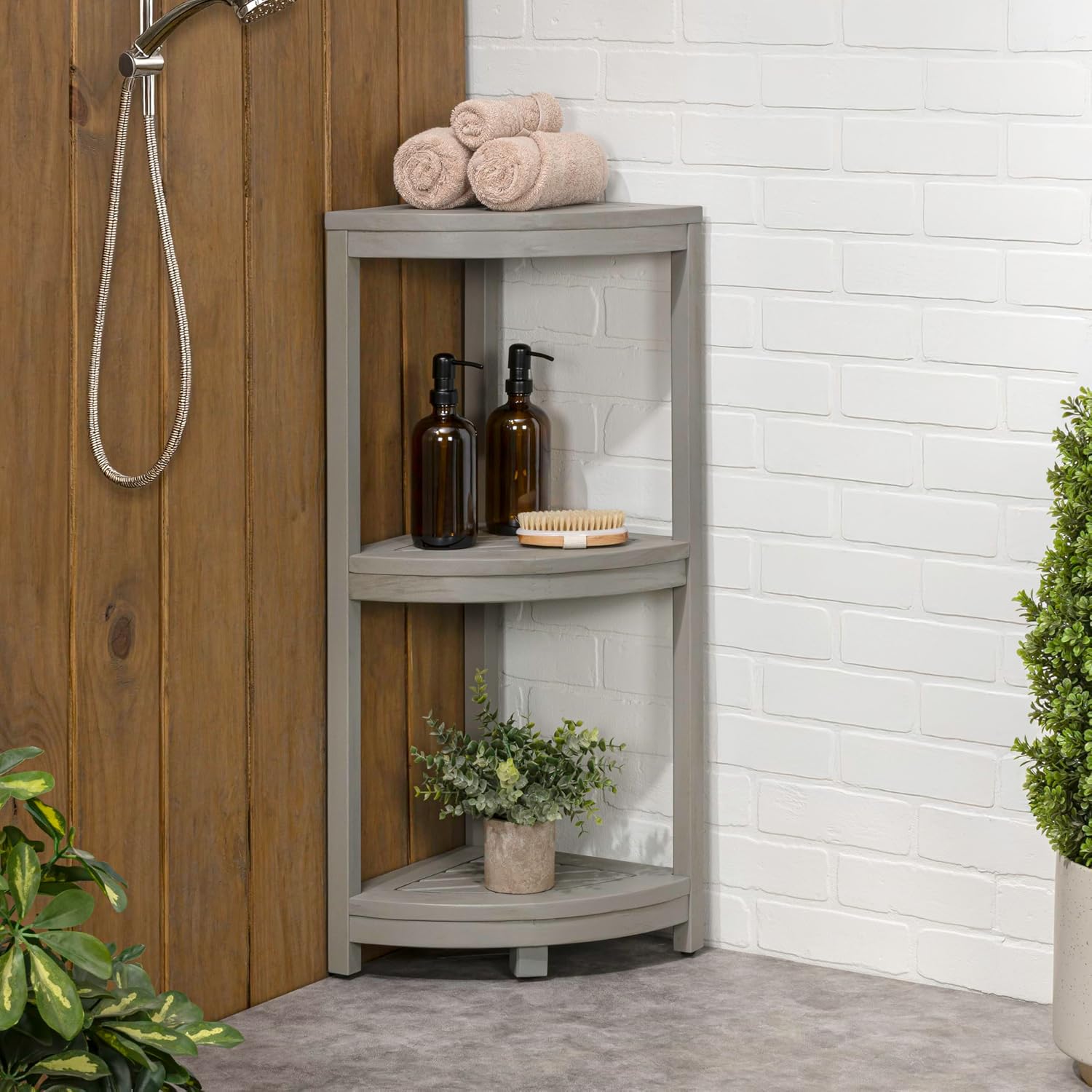 happimess SHF1000G Sela 33' Classic Minimalist 3-Tier Acacia Wood Freestanding Bathroom Corner Shelf, Shower Organizer, Storage Rack for Bath, Office, Kitchen Desktop, Gray