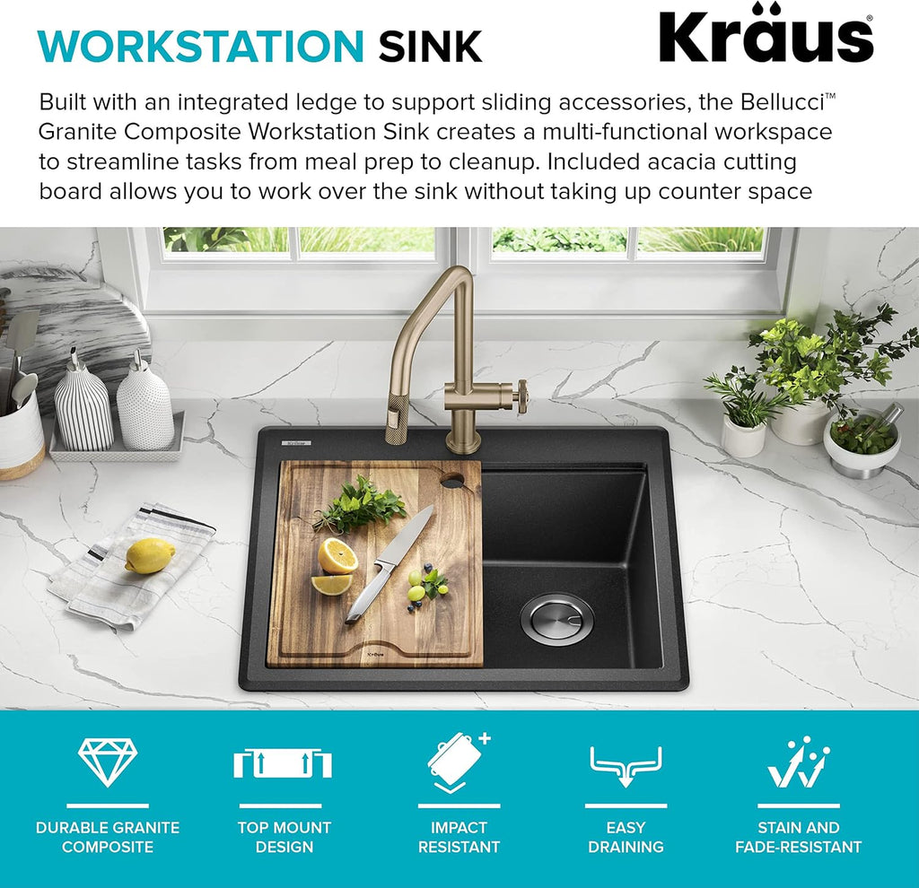 KRAUS Bellucci 25-inch Granite Workstation Drop In Top Mount Single Bowl Kitchen Sink in Metallic Black with Accessories, KGTW12-25MBL
