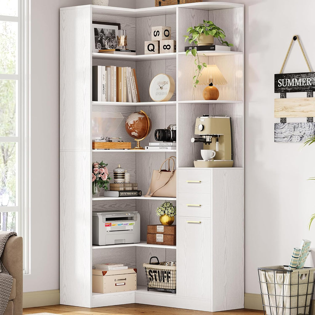 IRONCK Corner Bookshelf, 76' Tall Corner Bookshelves, 6 Tiers L-Shaped Bookcase with 10 Open Shelves and 2 Storage Drawers for Living Room or Home Office