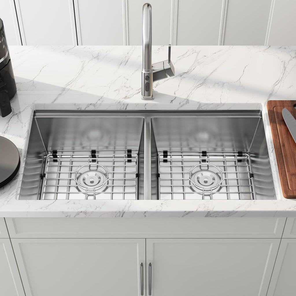 32 Inch Workstation Undermount Double Bowl Kitchen Sink, 16 Gauge 304 Stainless Steel Handmade Spacious Deep Kitchen Sinks, Accessories and Ledge Included, 32' x 18' x 10'