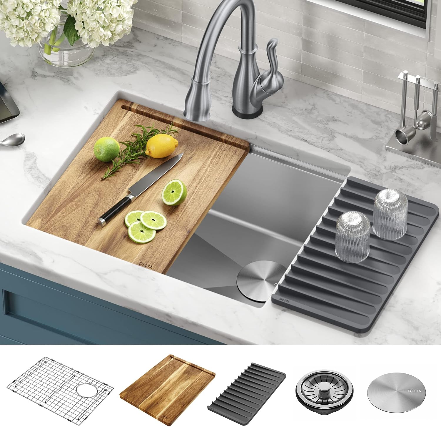 DELTA FAUCET Lorelai 23-inch Workstation Kitchen Sink Undermount 16 Gauge Stainless Steel Single Bowl with WorkFlow Ledge and Kit of 5 Accessories, 95B9132-23S-SS