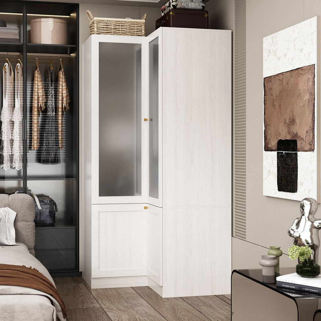 MOUMON Corner Wardrobe, L-Shaped Modern Bedroom Armoires with Frosted Glass Doors and Hanging Rod, Corner Armoire Wardrobe Closet, Wood Grain 35.4' W x 35.4' D x 70.9' H