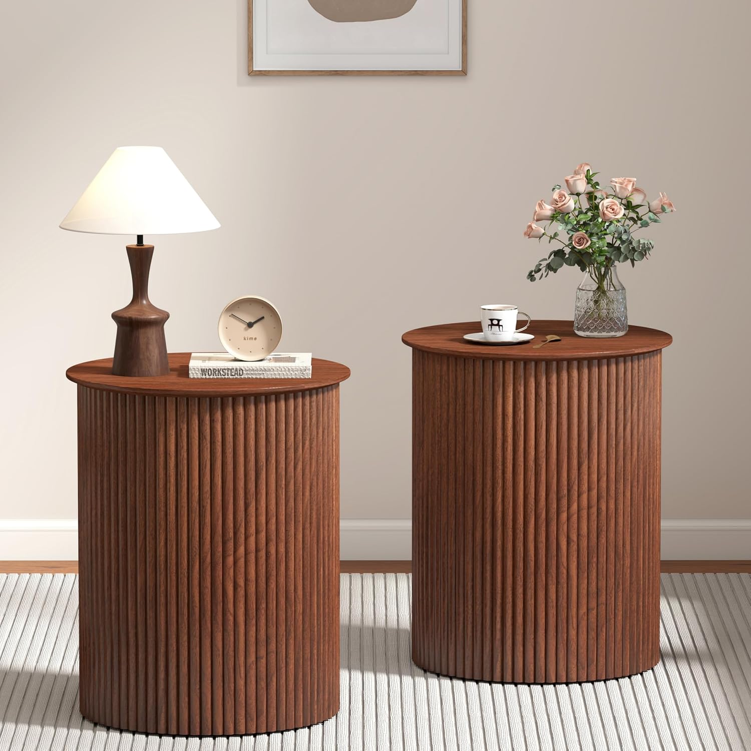 AVZEAR Small Round Side Table Fluted Night Stand Set of 2, 17.7' Mid Century Modern End Table, Circle Bedside Tables Wood Nightstands for Small Spaces, Living Room, Bedroom (Rustic Walnut)