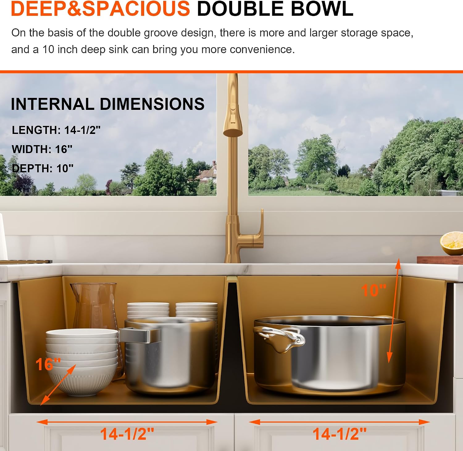 32 Inch Gold Double Bowl Kitchen Sink Undermount 304 Stainless Steel 16 Gauge 50/50 Spacious Double Basin Sinks with Accessories 32' x 18' x 10'